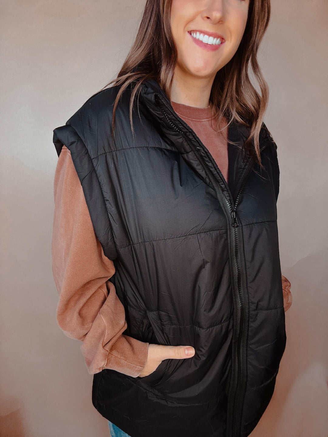 Black Pocketed Oversized Puffer Vest