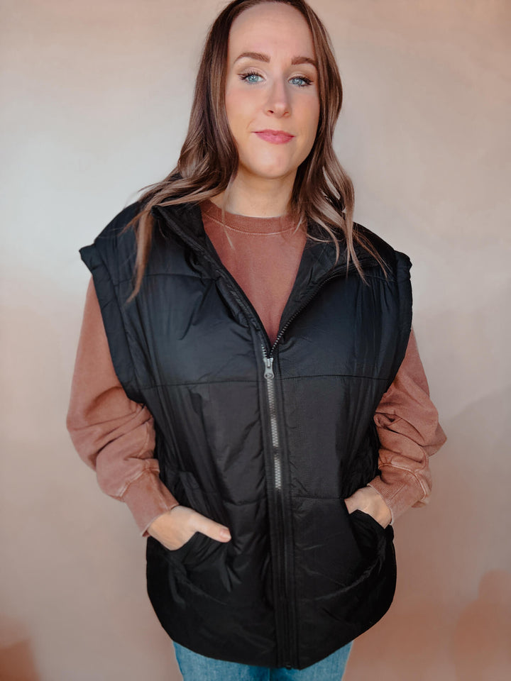 Black Pocketed Oversized Puffer Vest