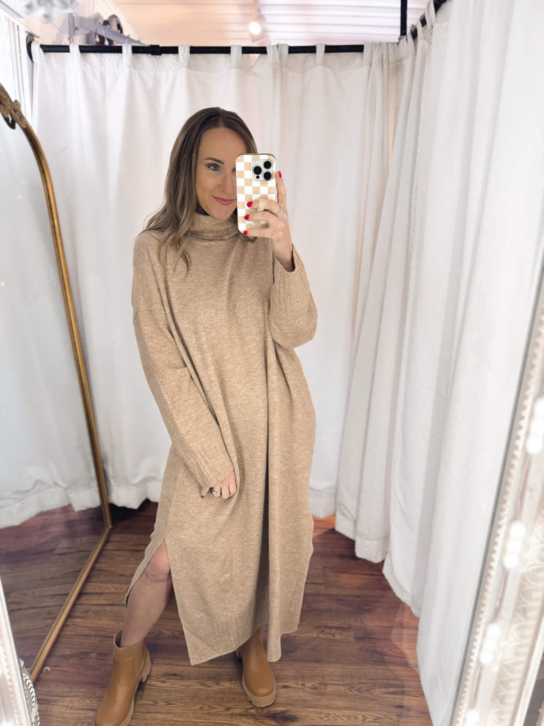 Turtleneck Relaxed Fit Midi Sweater Dress Zen + Zeus Clothing Co. Turtleneck Relaxed Fit Midi Sweater Dress Zen + Zeus Clothing Co.
