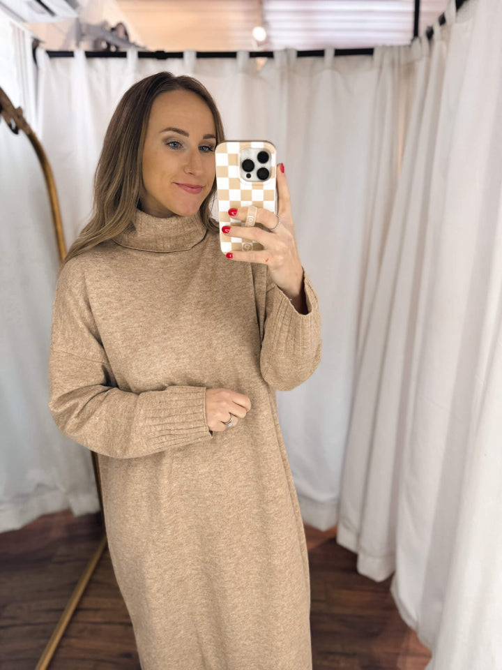 Turtleneck Relaxed Fit Midi Sweater Dress