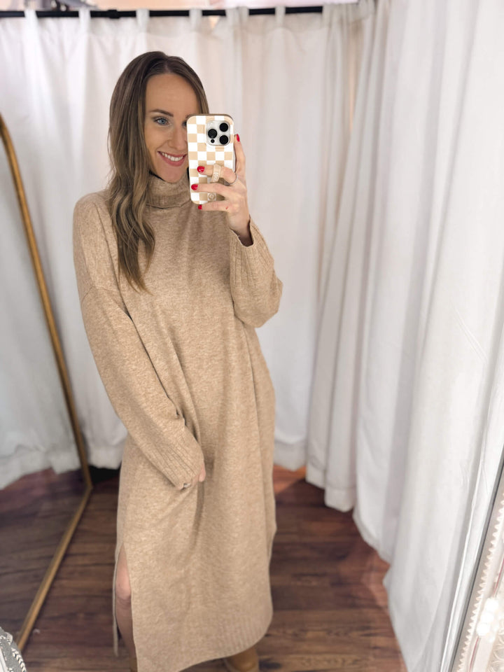 Turtleneck Relaxed Fit Midi Sweater Dress