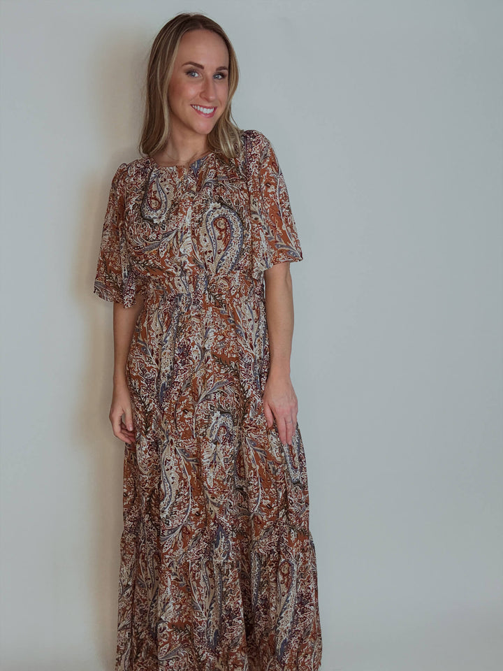 Paisley Cinnamon Flutter Sleeve Maxi Dress with Pockets