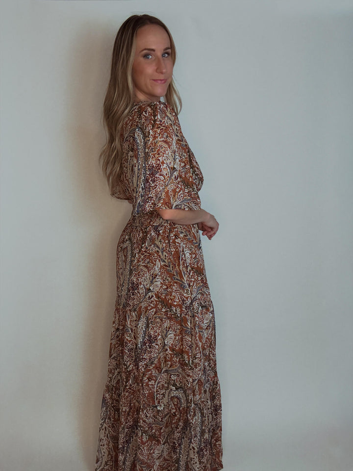 Paisley Cinnamon Flutter Sleeve Maxi Dress with Pockets
