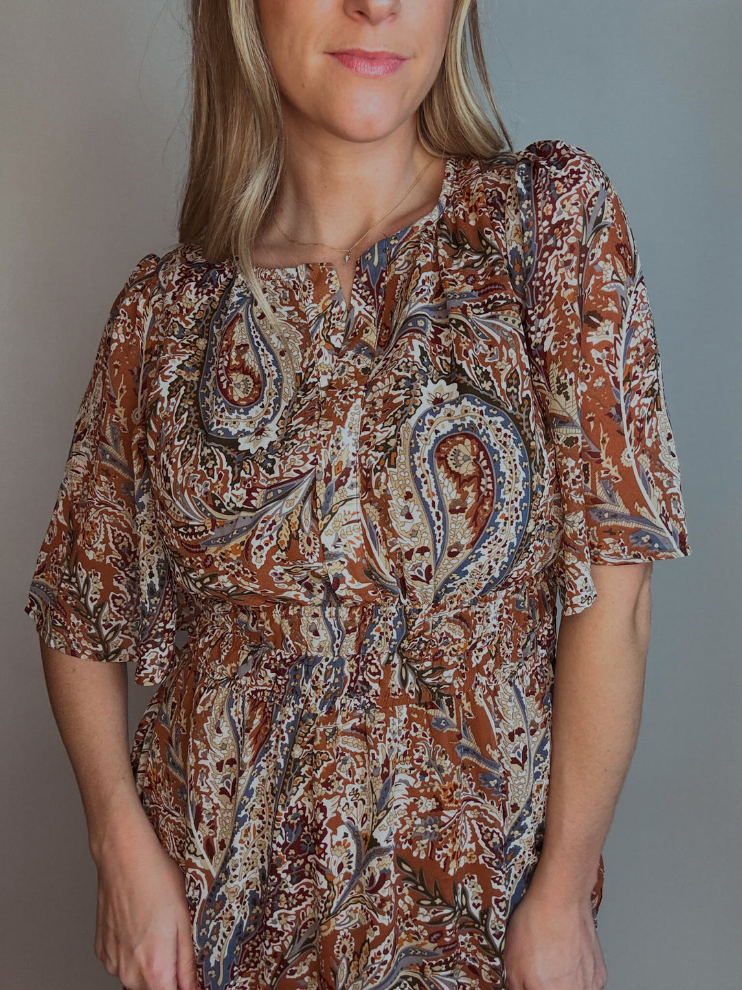 Paisley Cinnamon Flutter Sleeve Maxi Dress with Pockets