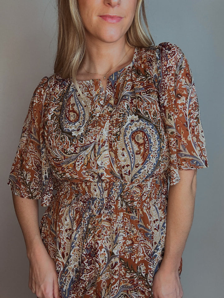 Paisley Cinnamon Flutter Sleeve Maxi Dress with Pockets