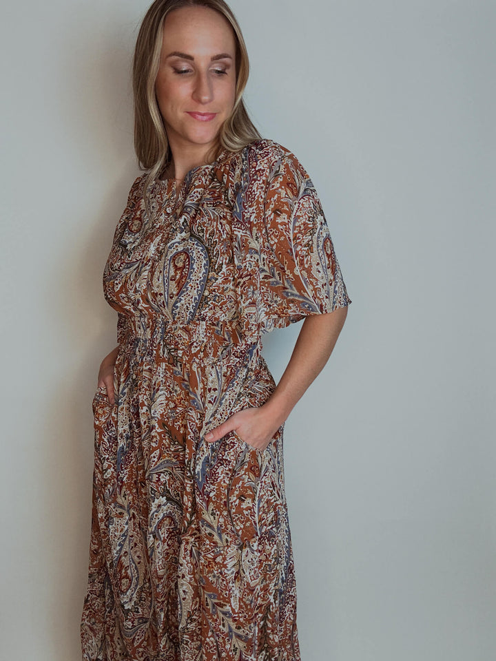 Paisley Cinnamon Flutter Sleeve Maxi Dress with Pockets