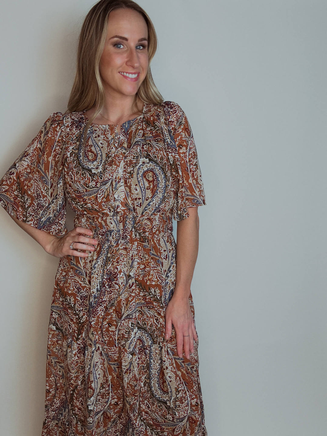 Paisley Cinnamon Flutter Sleeve Maxi Dress with Pockets
