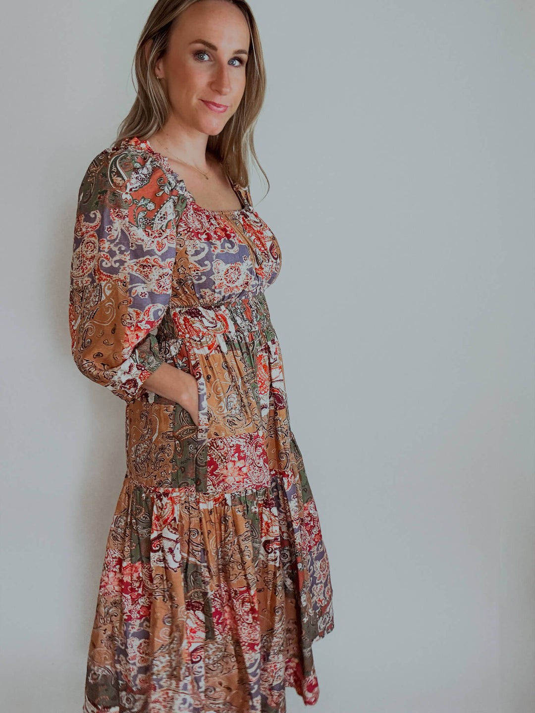Paisley Mosaic Midi Dress with Pockets