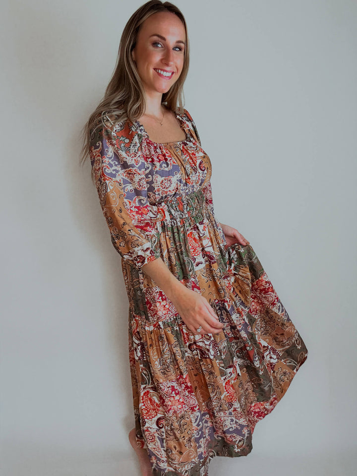 Paisley Mosaic Midi Dress with Pockets