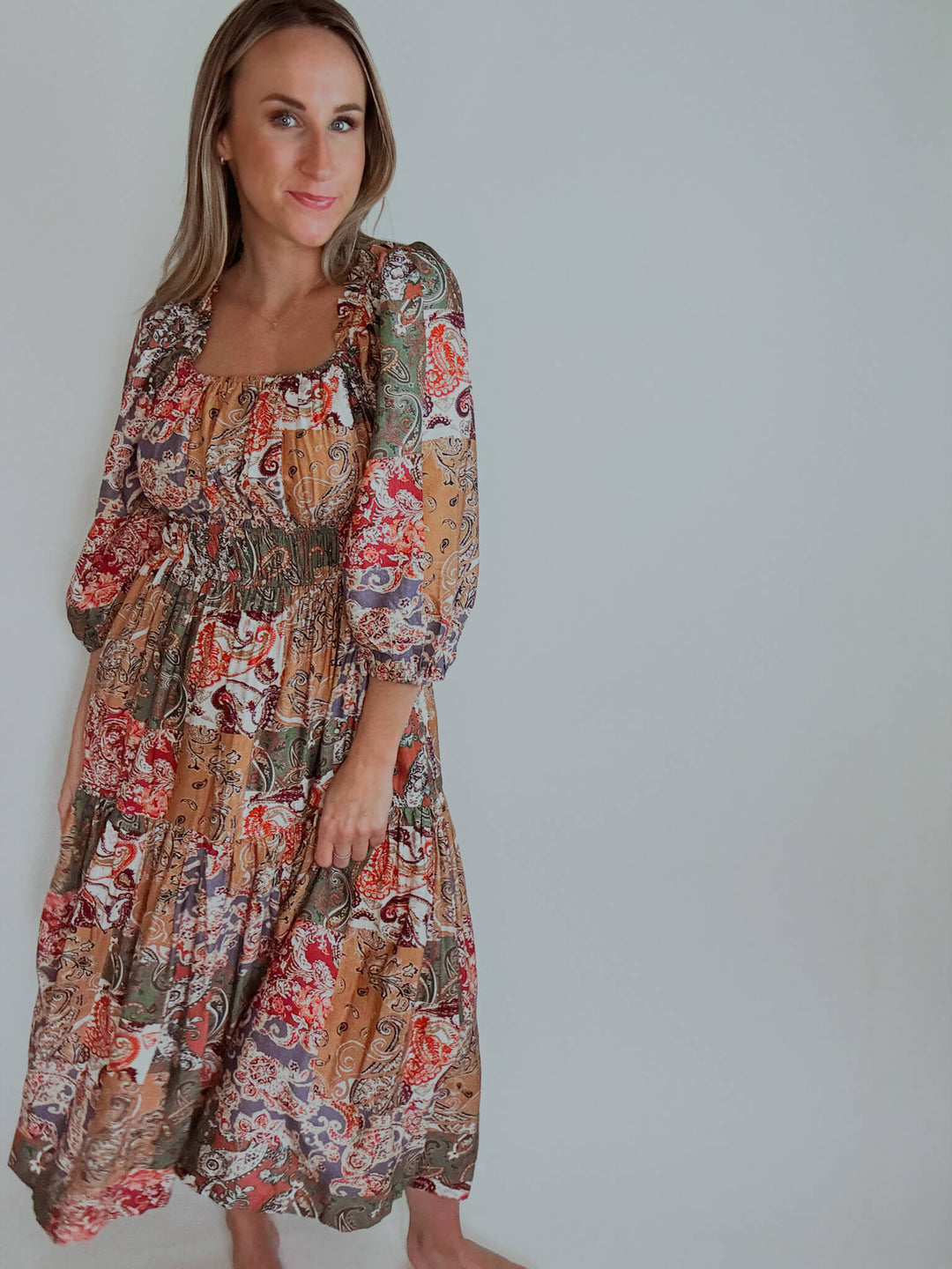 Paisley Mosaic Midi Dress with Pockets