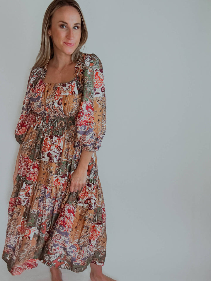 Paisley Mosaic Midi Dress with Pockets