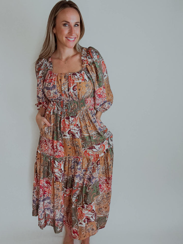 Paisley Mosaic Midi Dress with Pockets