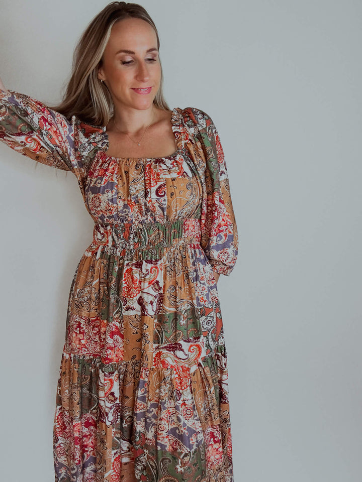 Paisley Mosaic Midi Dress with Pockets