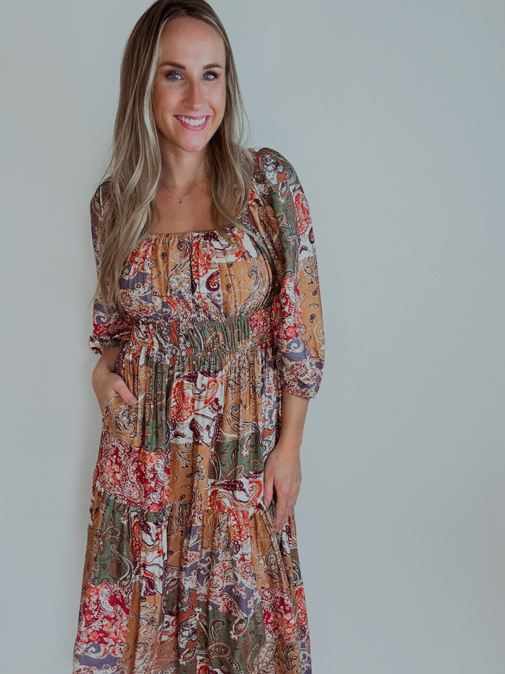 Paisley Mosaic Midi Dress with Pockets
