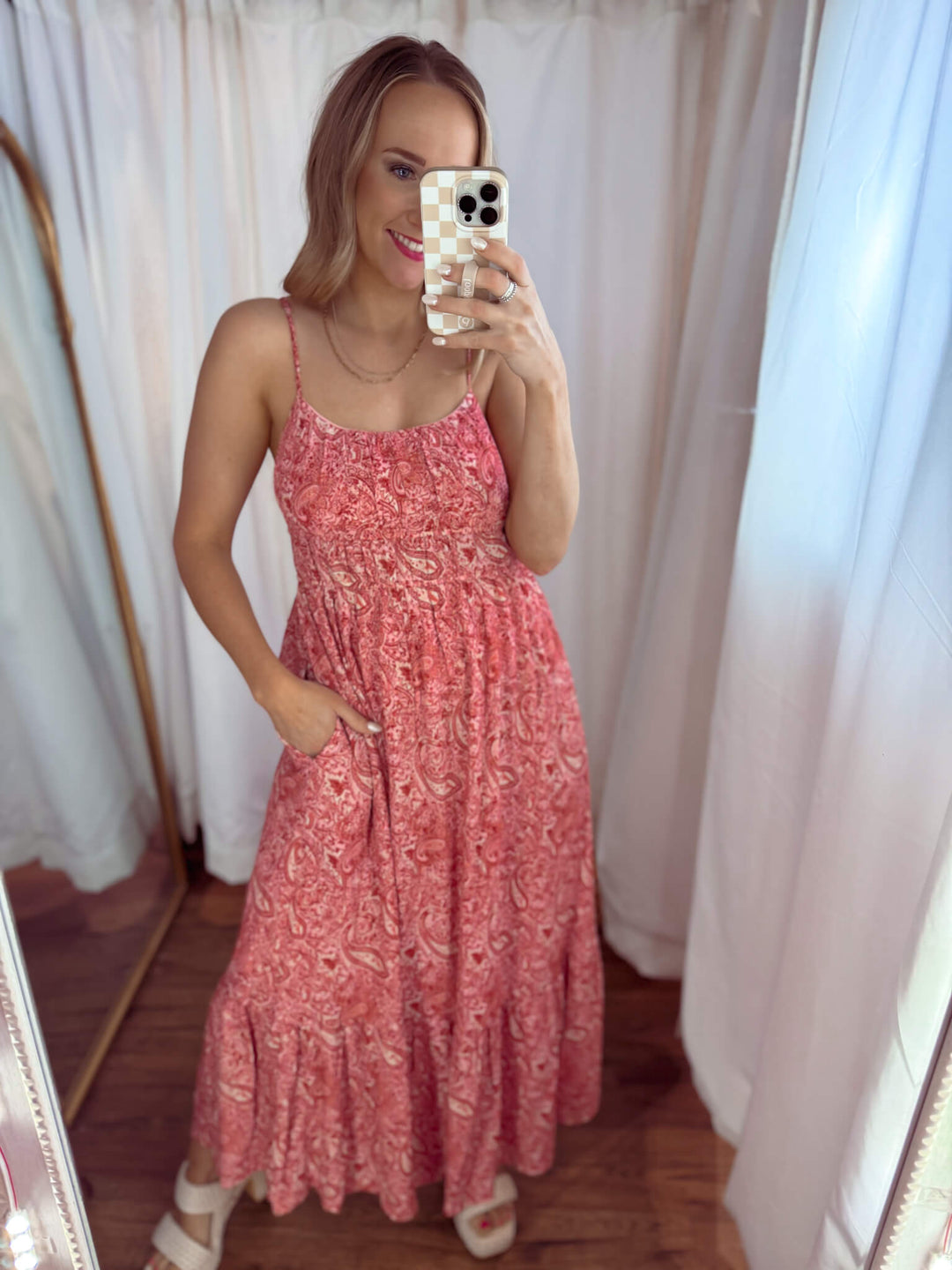 Red & Beige Paisley Pocketed Floral Maxi Dress