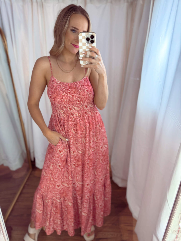 Red & Beige Paisley Pocketed Floral Maxi Dress