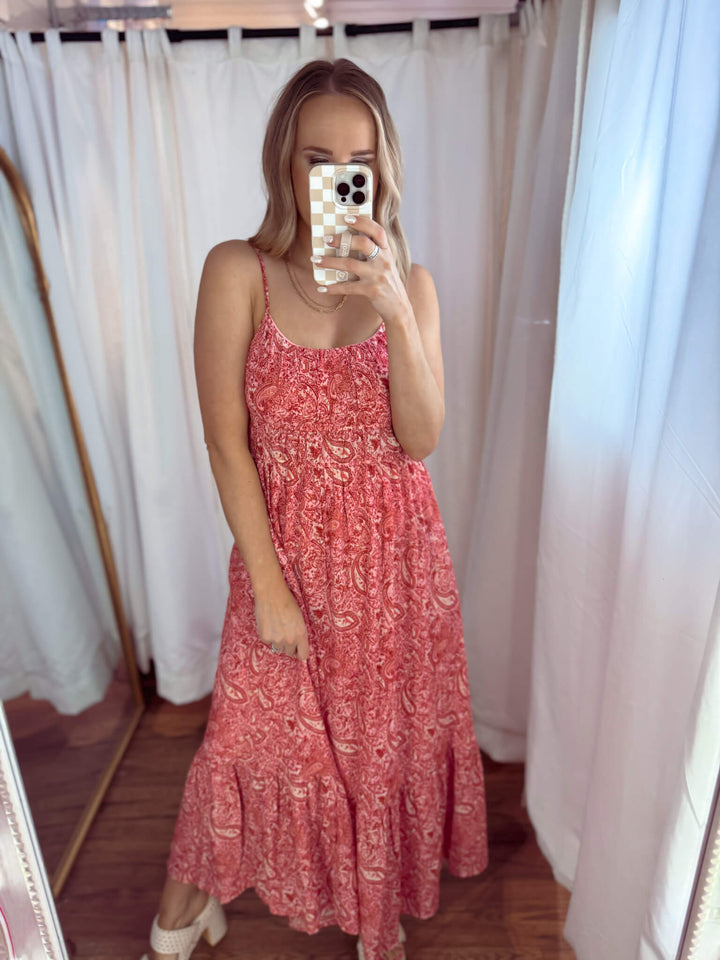 Red & Beige Paisley Pocketed Floral Maxi Dress