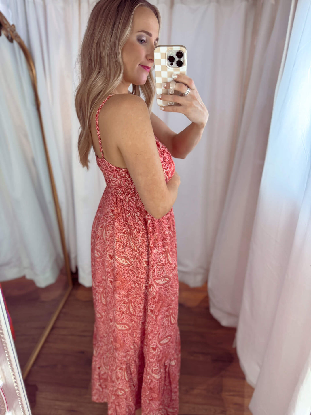 Red & Beige Paisley Pocketed Floral Maxi Dress