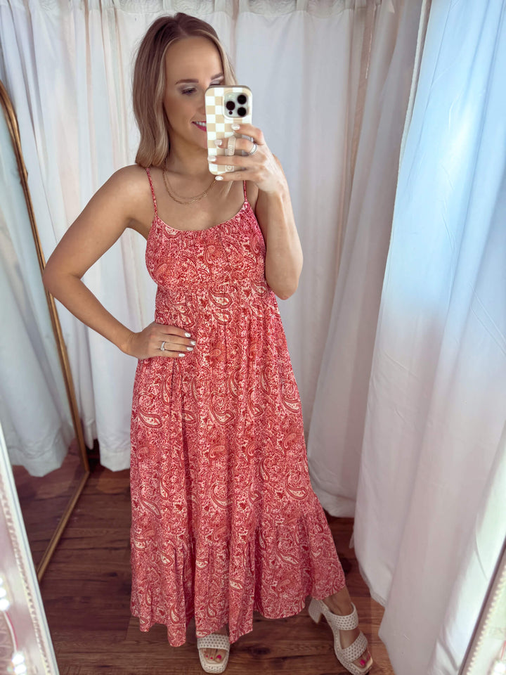 Red & Beige Paisley Pocketed Floral Maxi Dress