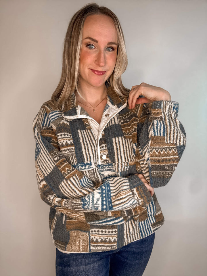 Patchwork Print Button Sweatshirt