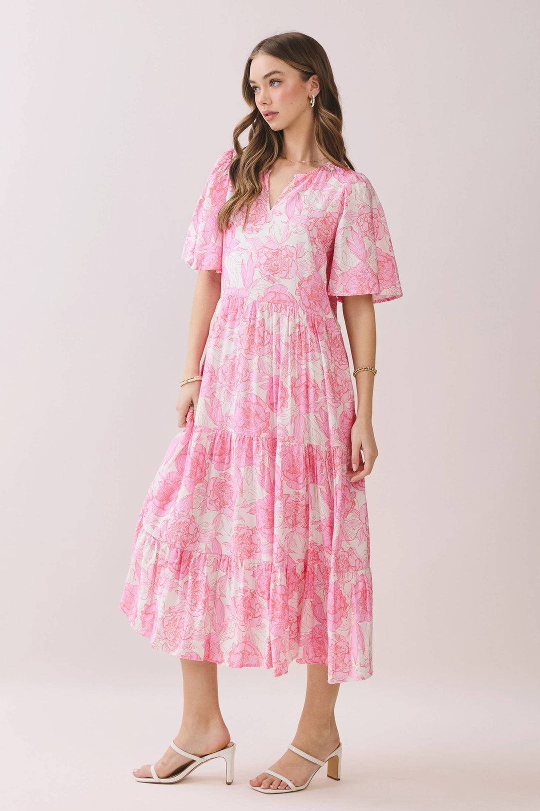 Pink Floral Tiered Baby Doll Midi Dress