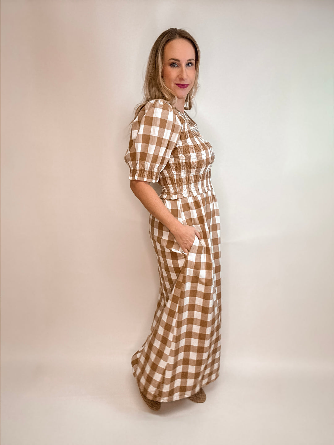Matilda Plaid Smocked Pocketed Midi Dress