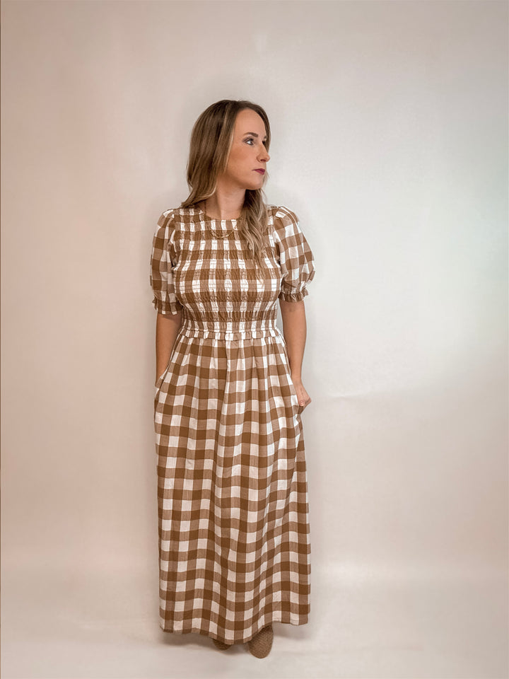 Matilda Plaid Smocked Pocketed Midi Dress