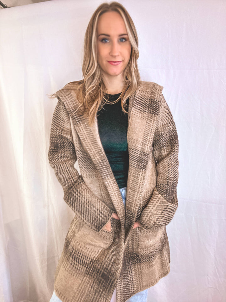 Plaid Knit Pocketed Coat with Hood