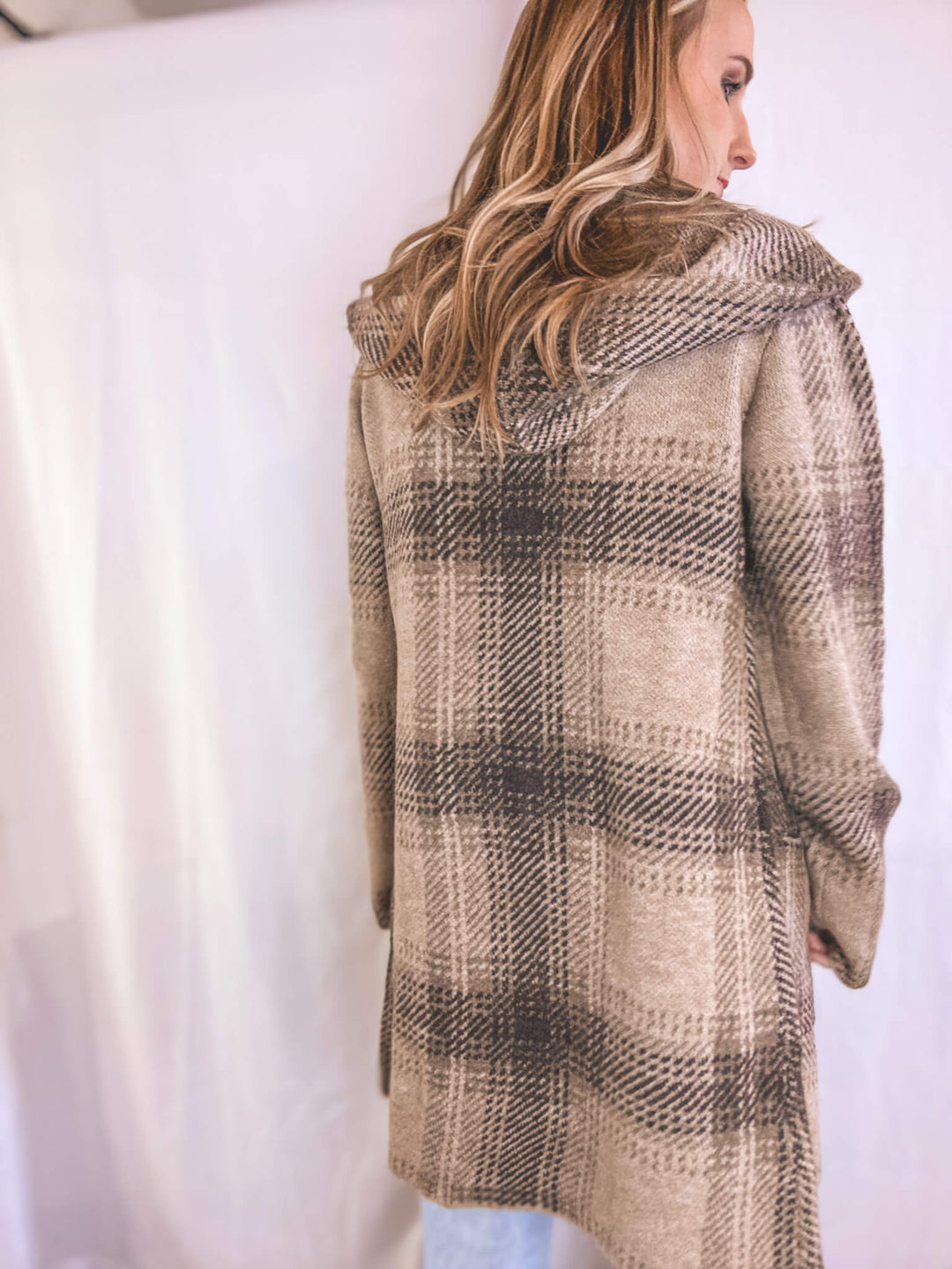 Plaid Knit Pocketed Coat with Hood