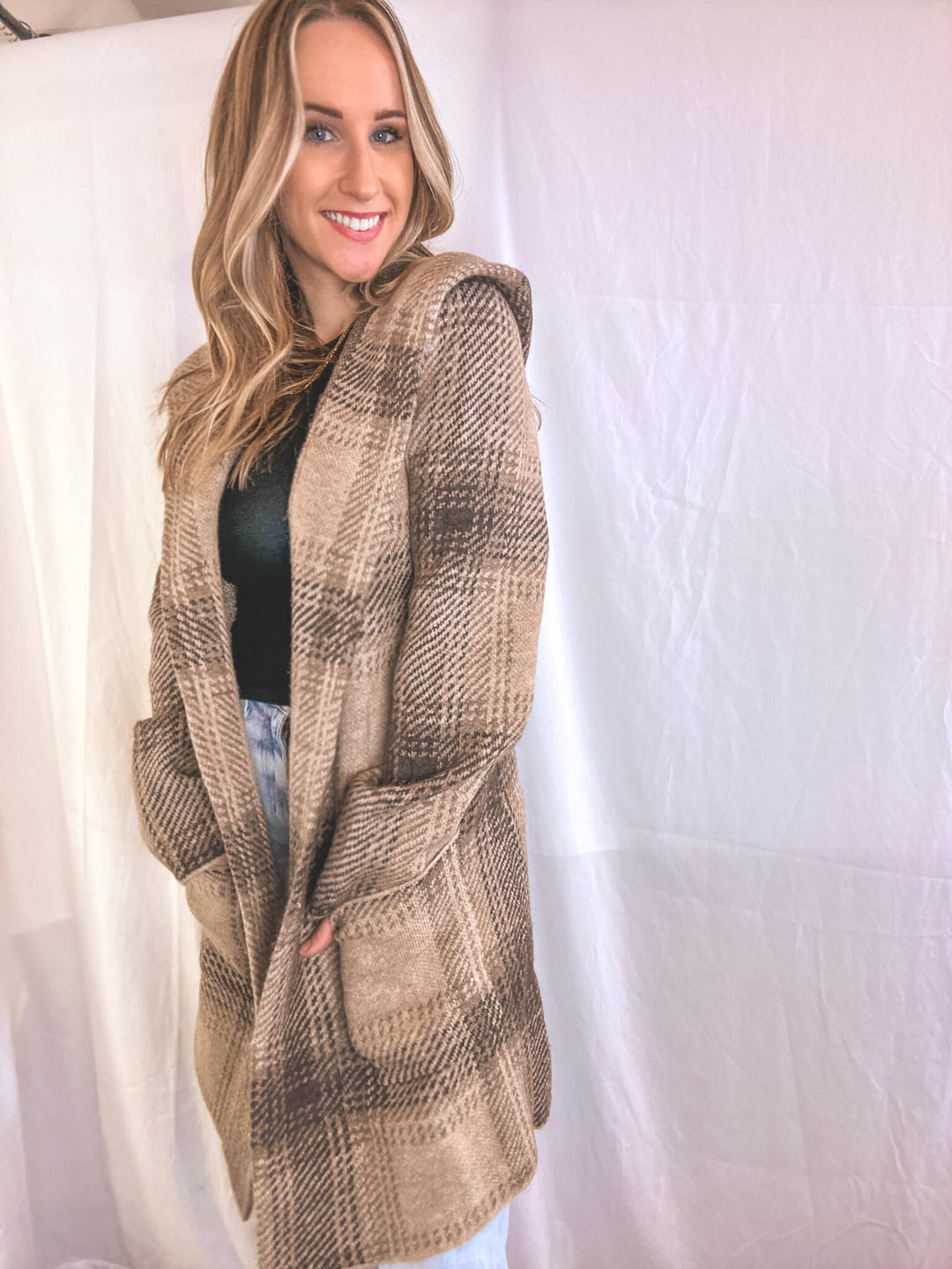 Plaid Knit Pocketed Coat with Hood