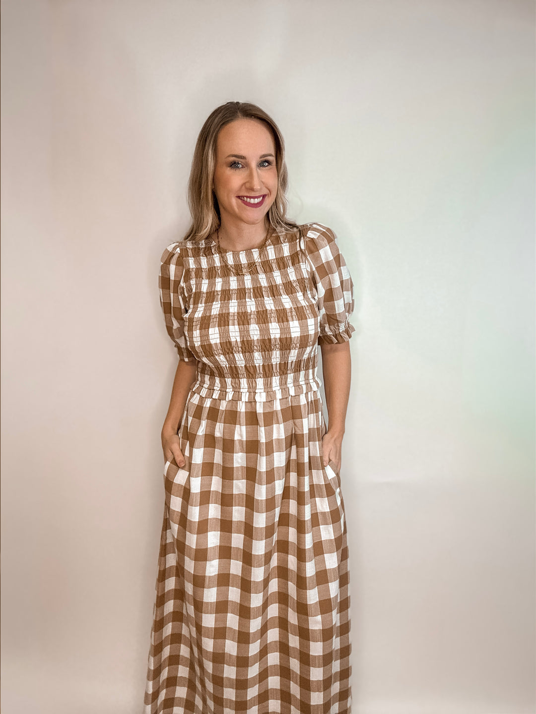 Matilda Plaid Smocked Pocketed Midi Dress