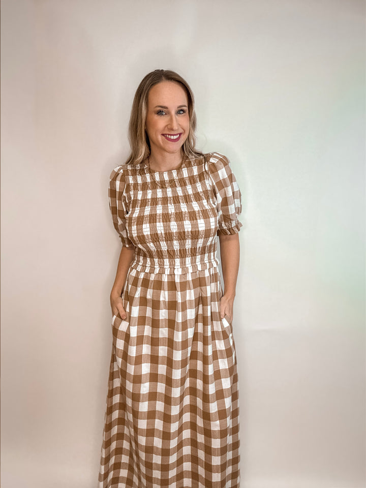 Matilda Plaid Smocked Pocketed Midi Dress