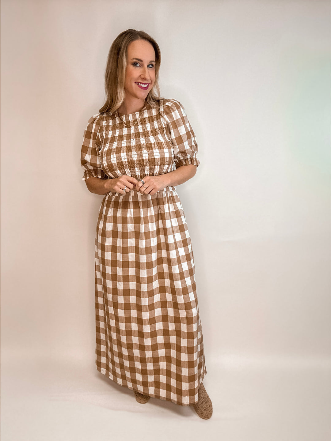 Matilda Plaid Smocked Pocketed Midi Dress