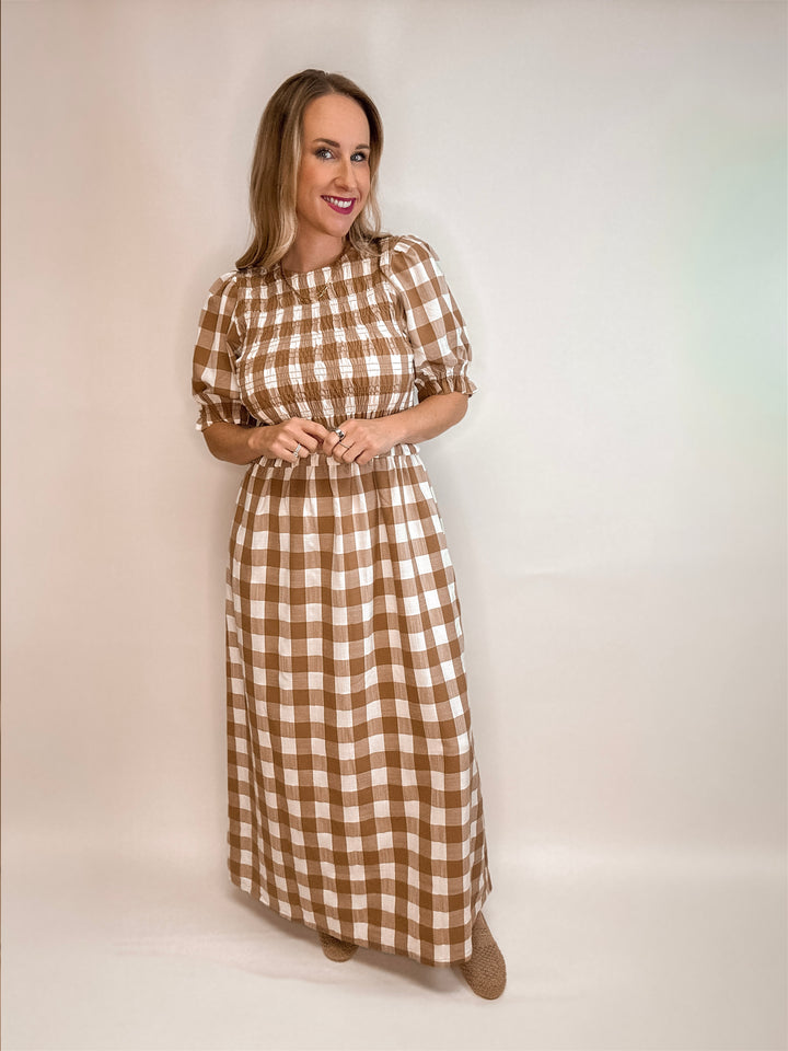 Matilda Plaid Smocked Pocketed Midi Dress