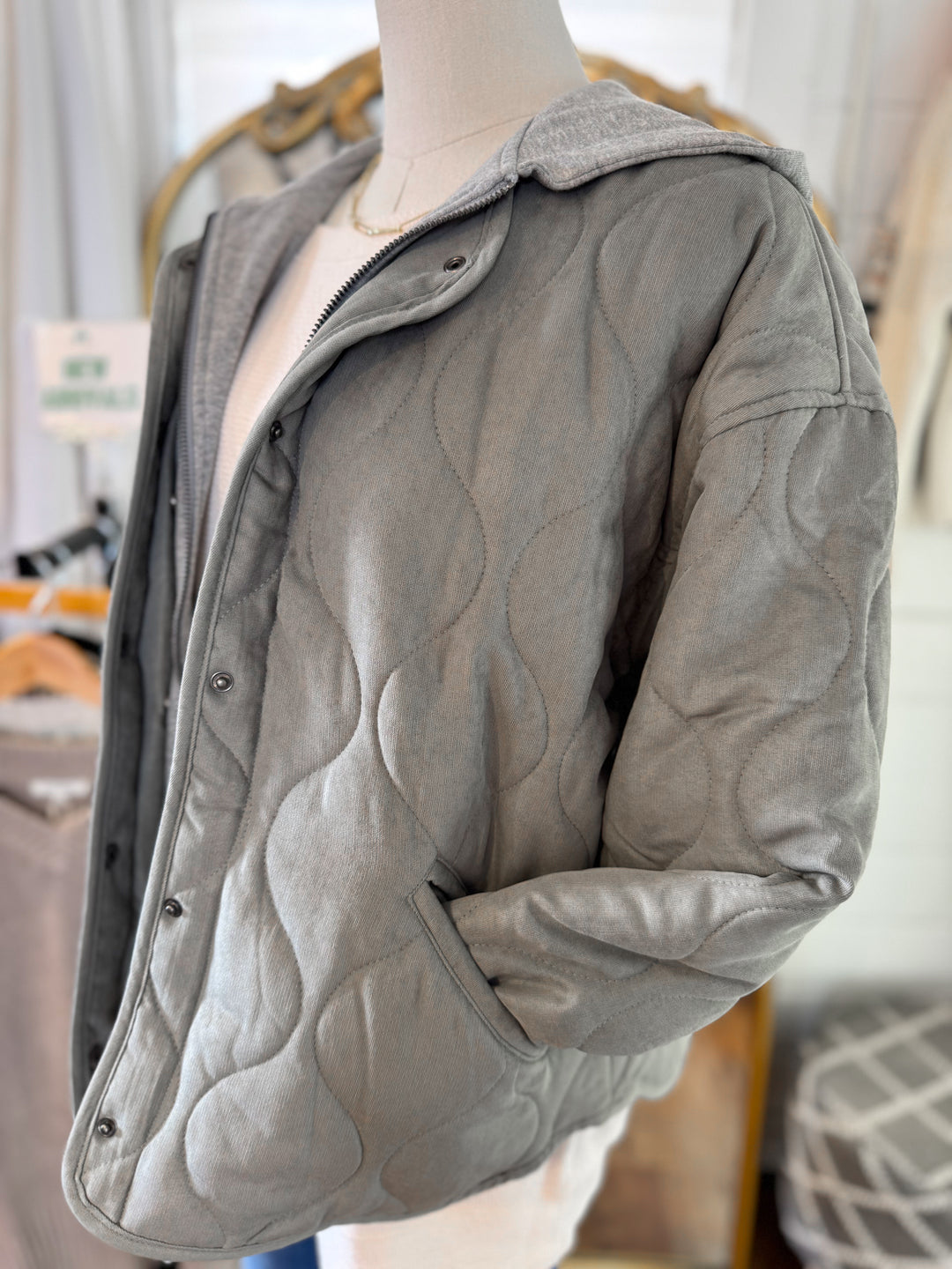 Quilted Coat with Hood in Olive