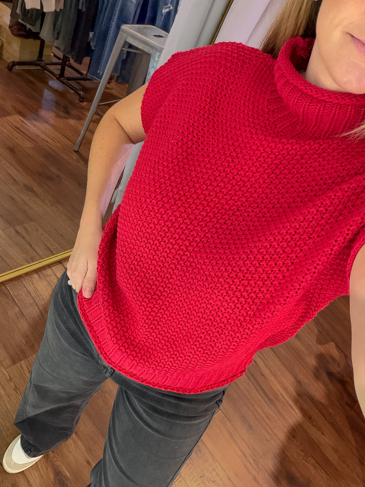 Mock Neck Sleeveless Knit Sweater in Red