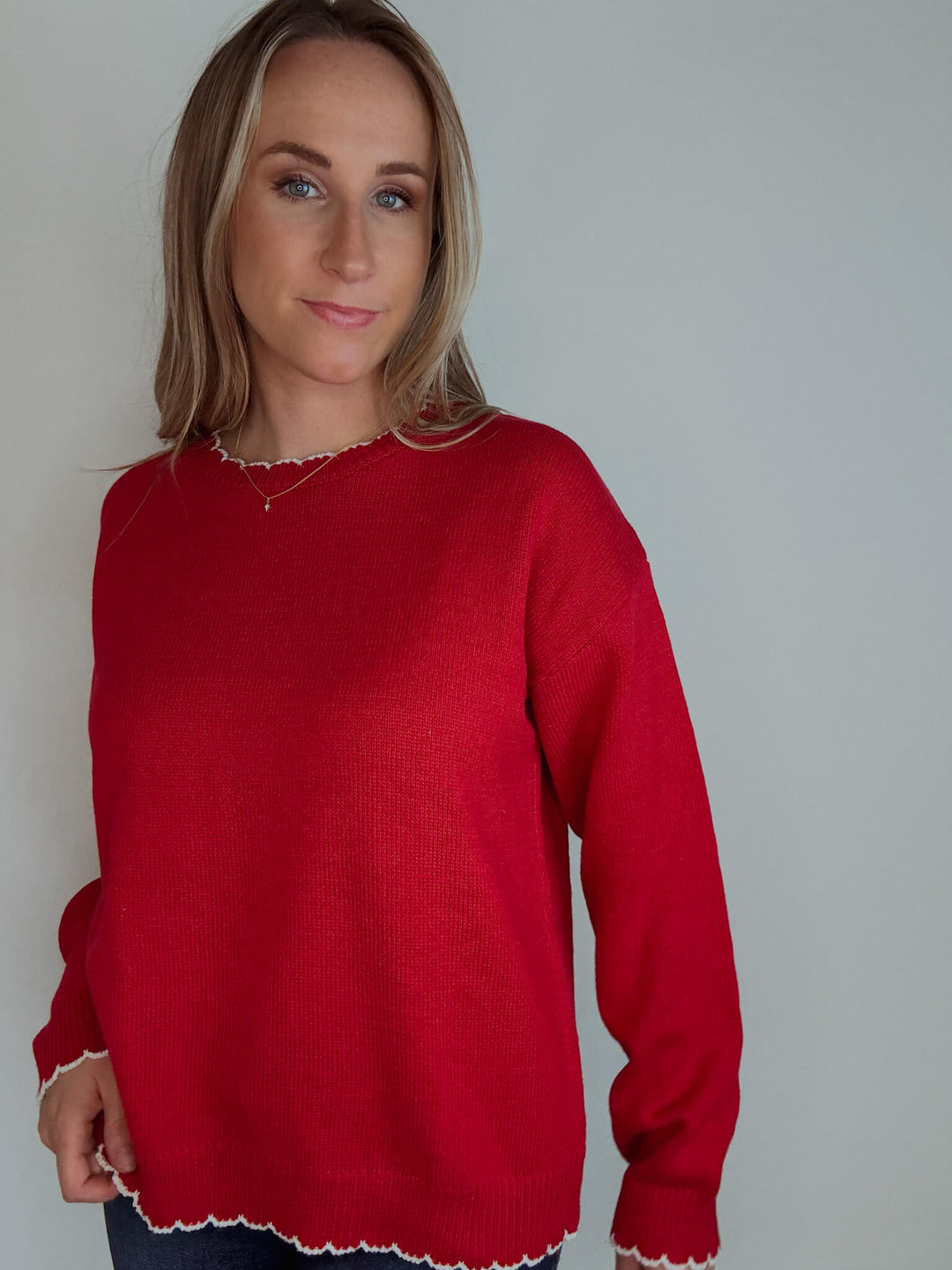 Red Scalloped Hem Sweater