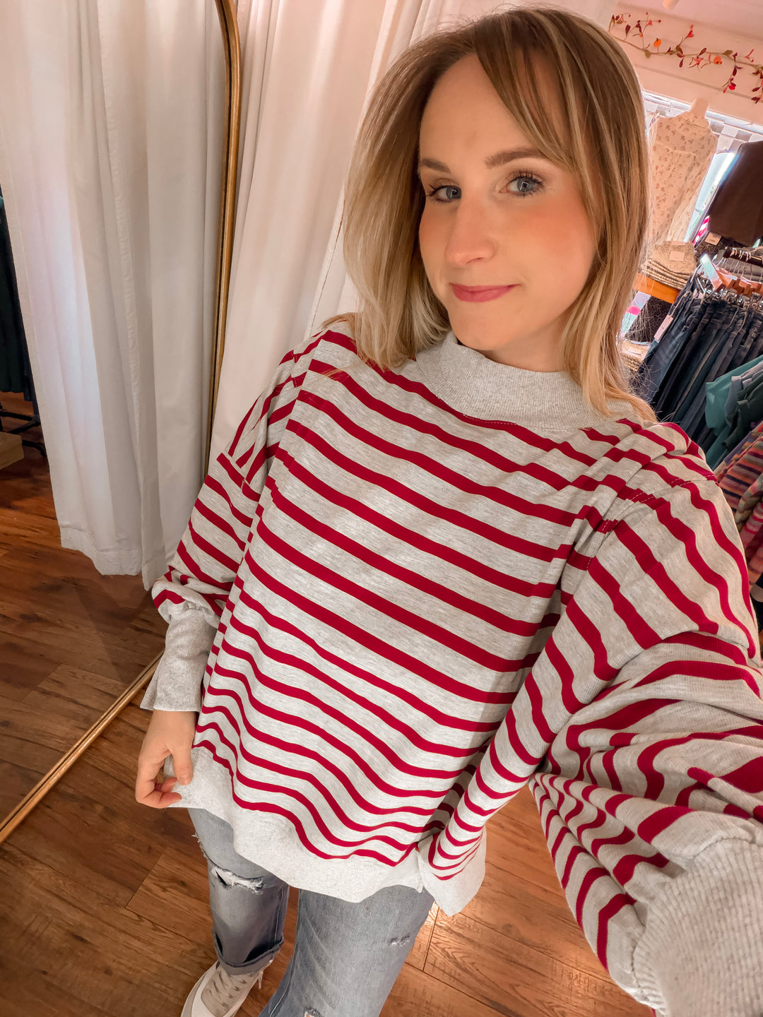 Heather Gray &amp; Red Stripe Mock Neck Pullover