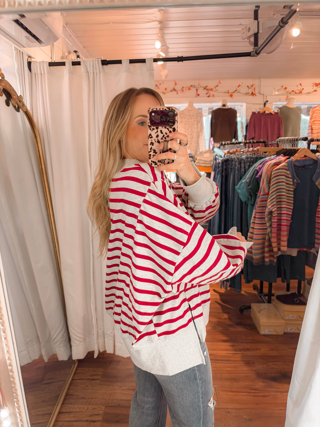 Heather Gray &amp; Red Stripe Mock Neck Pullover