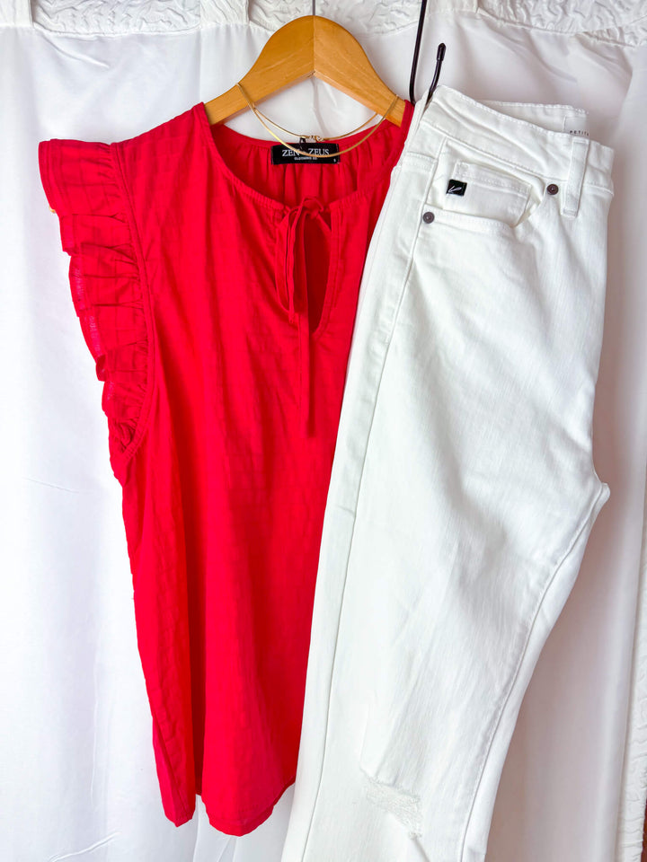 Red Ruffle Sleeve Textured Blouse