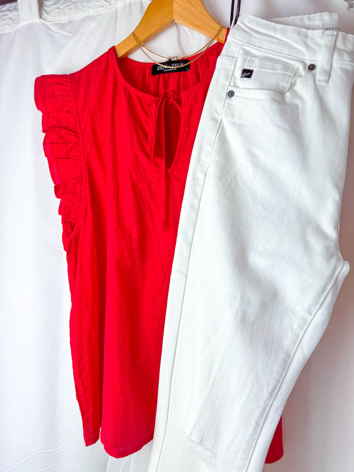 Red Ruffle Sleeve Textured Blouse