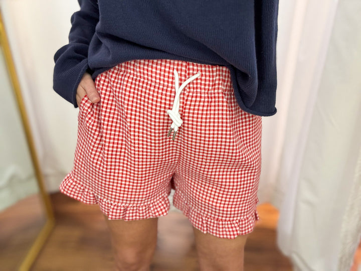 Red Gingham Woven Ruffle Hem Shorts