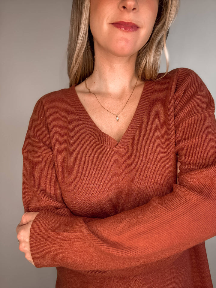Relaxed Fit Drop Shoulder Basic V-neck Sweater