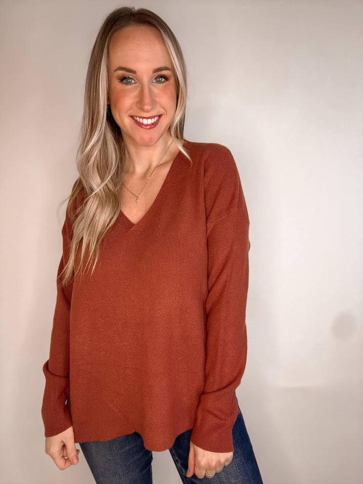 Relaxed Fit Drop Shoulder Basic V-neck Sweater