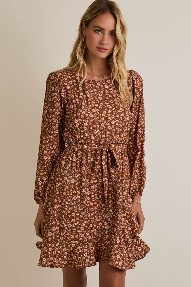 Mocha Ditsy Floral Mini Dress