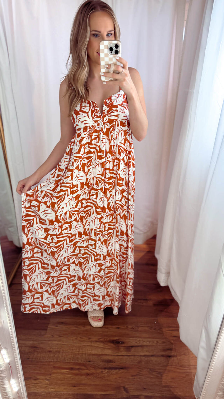 Rust Floral Midi Baby Doll Dress