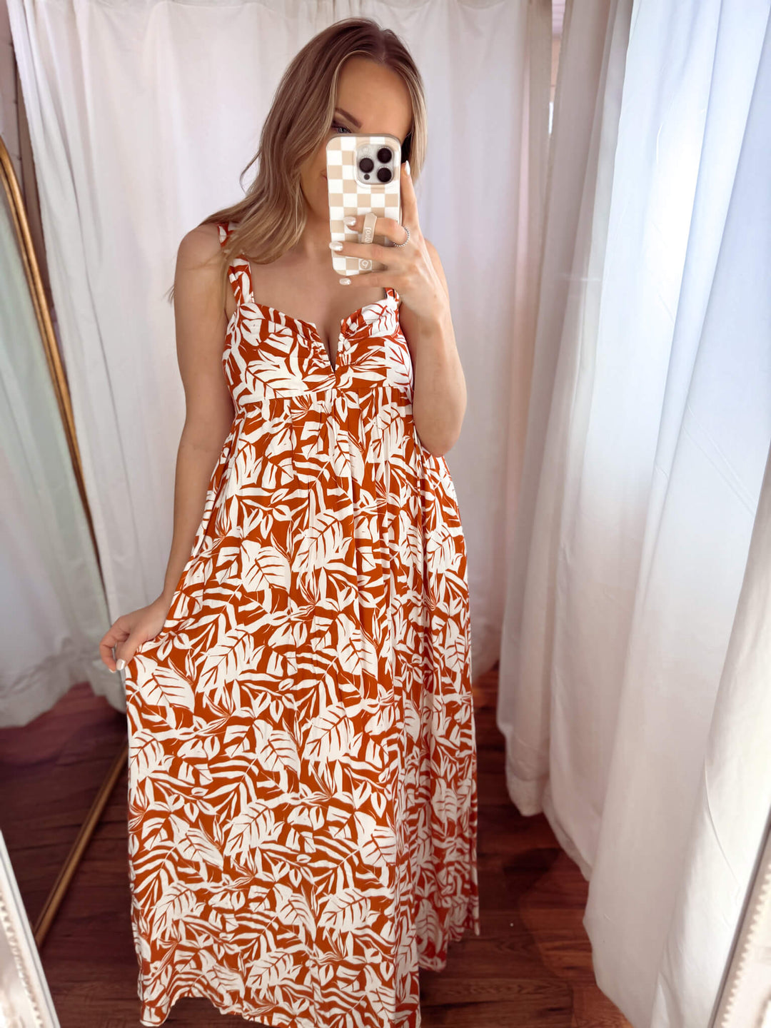 Rust Floral Midi Baby Doll Dress