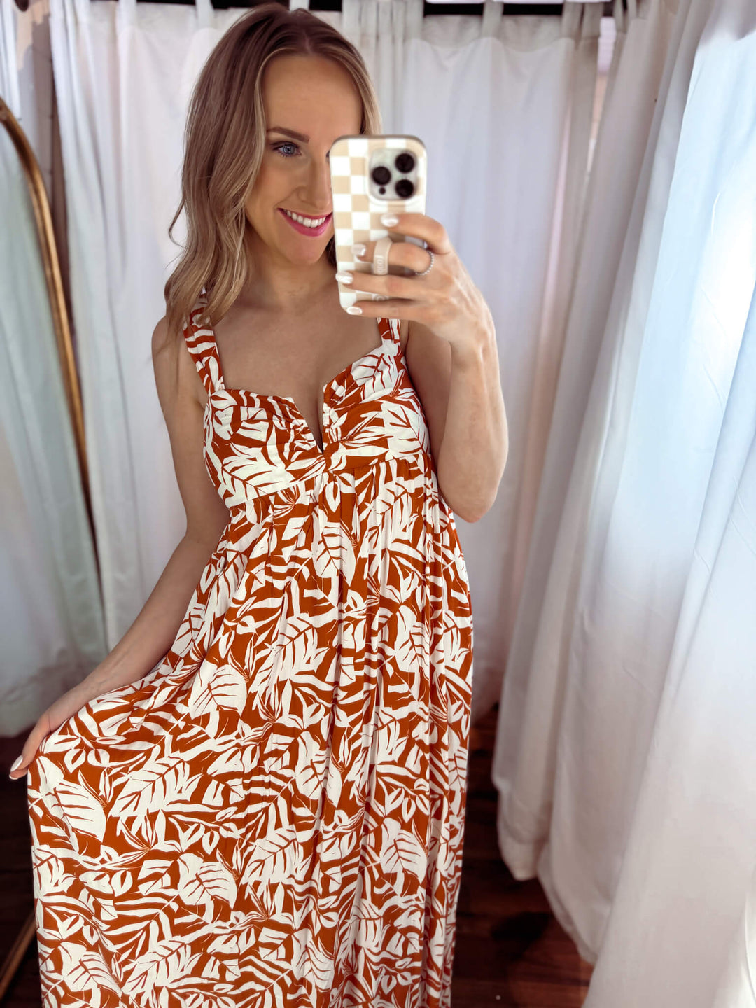 Rust Floral Midi Baby Doll Dress