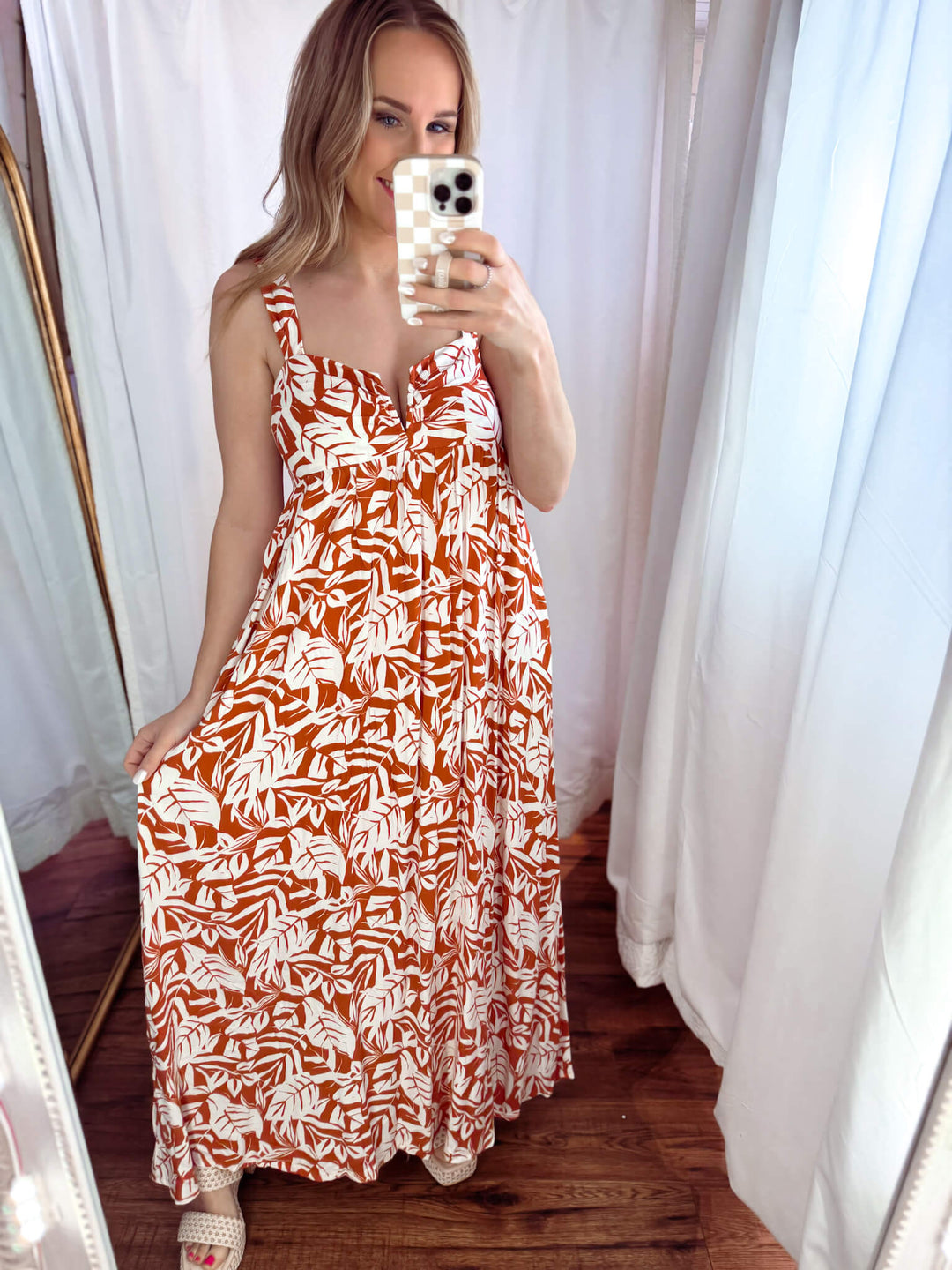 Rust Floral Midi Baby Doll Dress