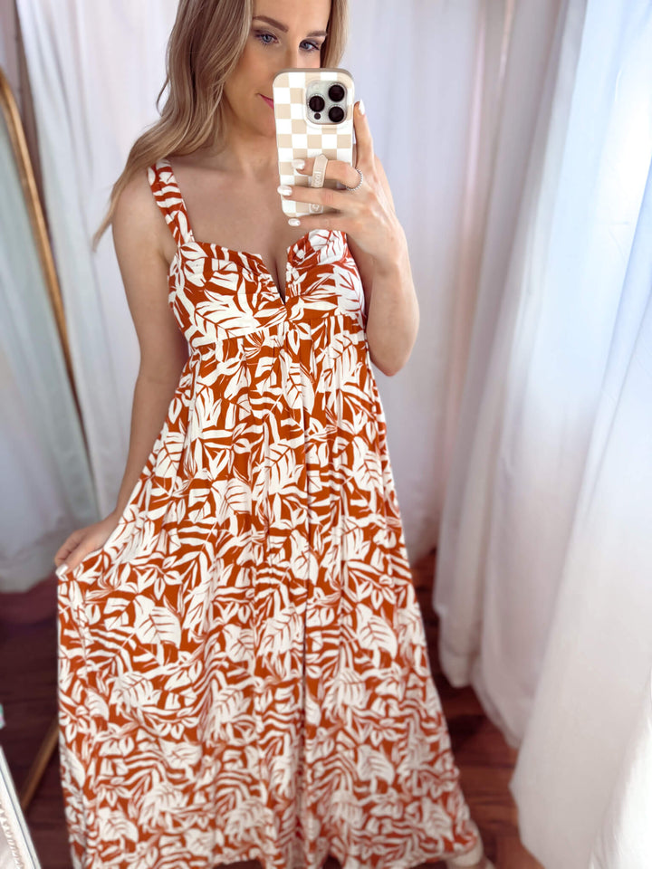 Rust Floral Midi Baby Doll Dress